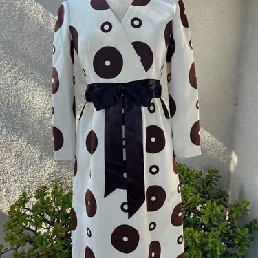 Vintage mod brown white print dress Small empire waist by I. Magnin Co 