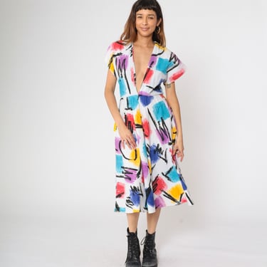 Vintage 80s Abstract Deep V Neck Dress Paint Brushstroke Cotton Plunge Neck Short Sleeve Fit and Flare Art-Inspired Midi 1980s Small 6 S 