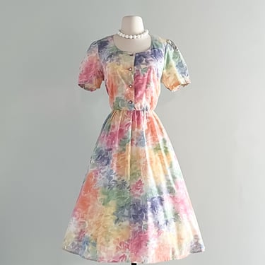 Dreamy 1980's Watercolor Floral Printed Cotton Summer Dress  / Sz M