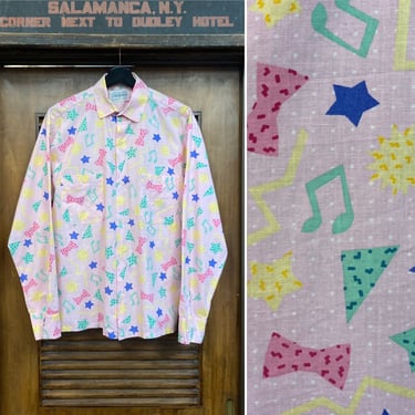 Vintage 1980’s Pink Festive Music Note Cotton New Wave Long Sleeve Print Shirt, Made in France, 80’s Pop Art, Vintage Clothing 