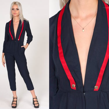 Navy Blue Jumpsuit 80s Tapered Pantsuit Military Marching Band Retro Deep V Neck Capri Pants Long Sleeve Vintage 1980s Extra Small xs 0 
