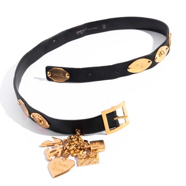 CHANEL Spring 1996 Black Leather Belt with Gold Charms