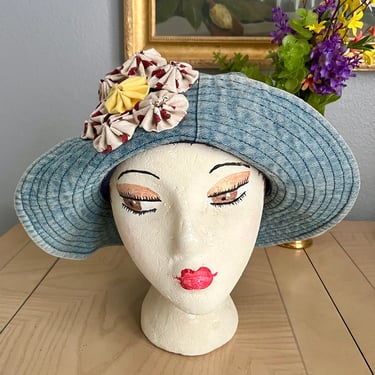 Boho Beauty Floppy Hat, Patchwork Flower, Blue Denim, Upturned Brim, Vintage 80s 90s 