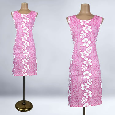 VINTAGE 80s 90s Pink Floral Hawaiian Mini Sheath Dress Sz XL By KY | 1980s 1990s Tropical Hibiscus Tiki Dress | vfg 