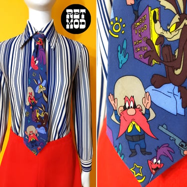 Fun Vintage 80s 90s Looney Tunes Tie with Yosemite Sam, Roadrunner and Wile E. Coyote 