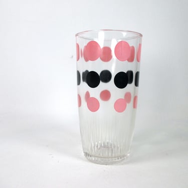 Mid Century Pink & Black Polka Dot Glass Tall Boy Tumbler 1950s Atomic Moon Glassware Vintage Hazel Atlas 12 oz Barware Drinkware 