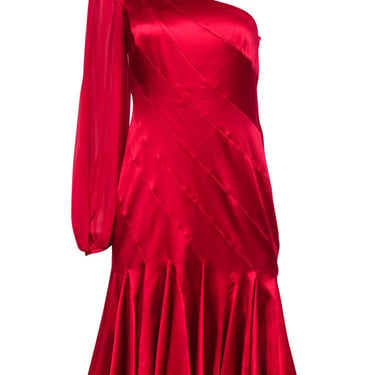 Karen Millen - Red Satin Pleated Dress w/ Mesh Sleeve Sz 8