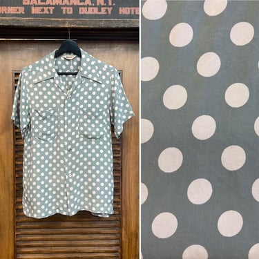 Vintage 1950’s Atomic Polka Dot Silky Rayon Print Rockabilly Shirt, 50’s Vintage Clothing 