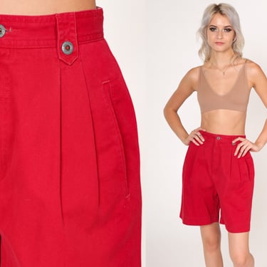 90s Trouser Shorts Red Liz Claiborne Pleated Preppy Shorts High Waisted Bermuda Trouser Cotton Plain Simple Vintage 1990s Extra Small xs 25 