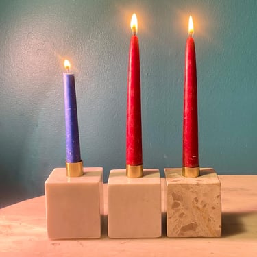 Modern Stone Taper Candle Holder Trio - White Marble & Terrazzo Cubes | Sleek Brass Plate | Elegant Home Decor 