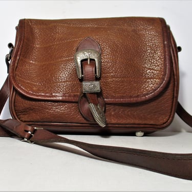 Vintage Mallary Brown Leather Crossbody Bag, Messenger Bag, silvertone buckle, made in Italy 
