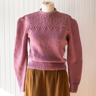 Vintage 1970s Handknit Mauve Wool Sweater Small