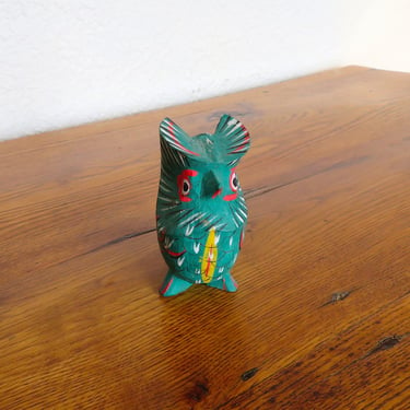 Vintage Hand Carved Wood Owl Figurine Bali Indonesia Green Hand Painted 