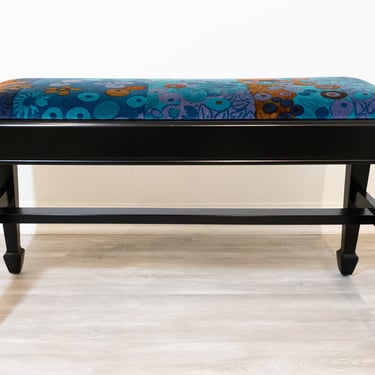 Mid Century Modern Black Ebonized Bench with Jack Lenor Larsen Fabric 