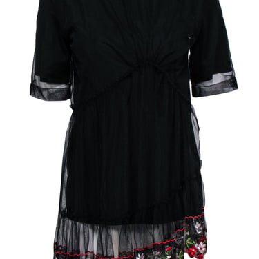 Simone Rocha - Black Short Sleeve T-Shirt w/ Embroidered Tulle Overlay Sz XS