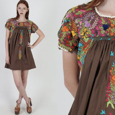 Vintage Womens Oaxacan Mini Dress / Bright Floral Mexican Hand Embroidered Dress / Mid Weight Brown Cotton Short Dress 