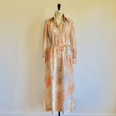 1970's Orange and Gold Metallic Knit Long Maxi Dress Shirtwaist Style Long Sleeves 70's Spring Summer Leo Narducci I. Magnin Size Medium 