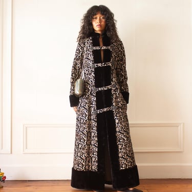 1960s Floor-Length Tapestry Coat with Faux Fur Trim 