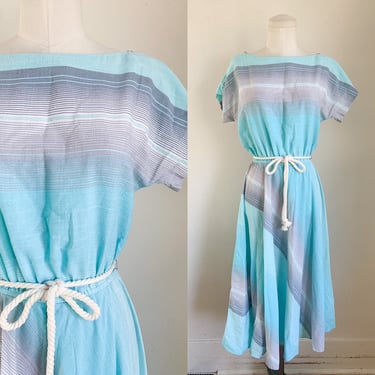 Vintage 1980s Sky Blue and Gray Striped Day Dress / M 