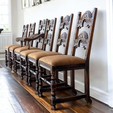 Set of Six Antique Dining Room Chairs, Velvet Upholstery, Jacobean, Carved Oak, English Tudor, Spanish Revival, Kitchen, Dining Room 