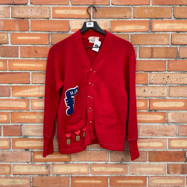 vintage 60s red wool hjh music varsity cardigan / xs s extra small 