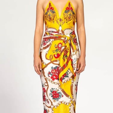 MORPHEW COLLECTION Yellow & Red Bias Cut Silk Jacquard Sagittarius Multi-Way Scarf Dress 