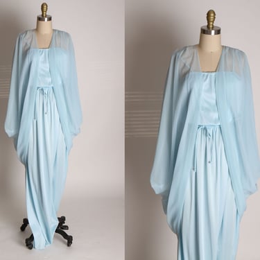 1970s Two Piece Light Blue Spaghetti Strap Full Length Formal Dress with Matching Sheer Chiffon Draped Jacket -S-M 