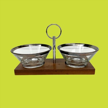 Vintage Peanut Serving Set Retro 1960s Mid Century Modern + Condiment Storage + Teak Wood + 2 Glass Bowls + MCM + Kitchen and Barware 