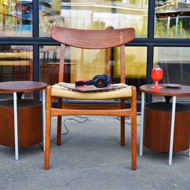 Clever Pair of Walnut Cylindrical Speaker Tables by Lloyds