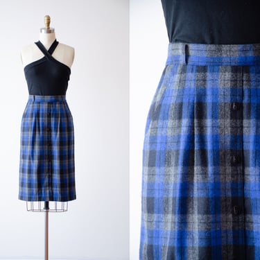plaid wool skirt | 80s vintage gray blue black plaid dark academia knee length pencil skirt 