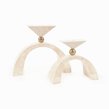 Maitland Smith Post-Modern Candle Holders Stone and Brass 