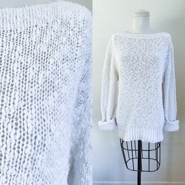 Vintage 1980s White Nubby Boatneck Sweater / L 