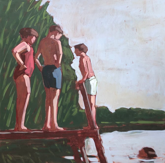 Children on Dock #2 - Original Acrylic Painting on Canvas 30 x 30, large, lake, dock, water, kids, michael van, summer, fine art, green 