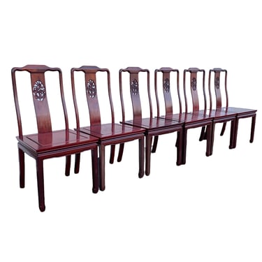 Set of 6 Vintage Chinese Rosewood Dining Chairs with Carved Dragon Back - Solid Wood Asian Oriental Furniture 