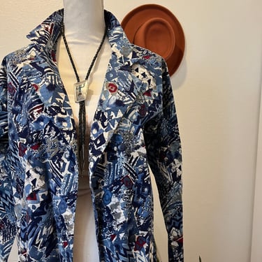 Vintage Blue Abstract Printed Cotton Long Collared House Duster Blazer 