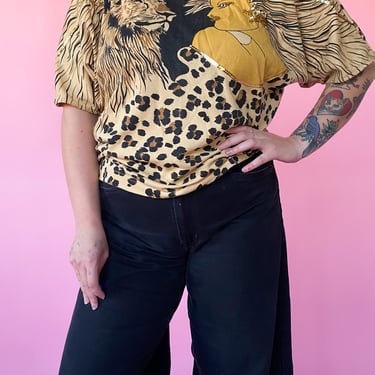 1980s Woman and Lion Embellished Top, sz. L/XL