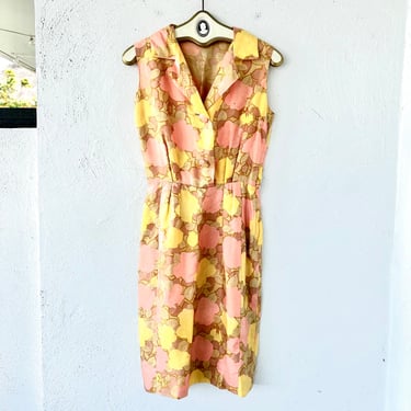 Vintage 50s 60s Silk Dress Chiffon Floral Pink Yellow Sheath Shirtdress 