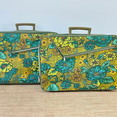 Vintage Mod Floral Suitcases - Retro Soft Luggage - Blue Green Yellow - Set of 2 