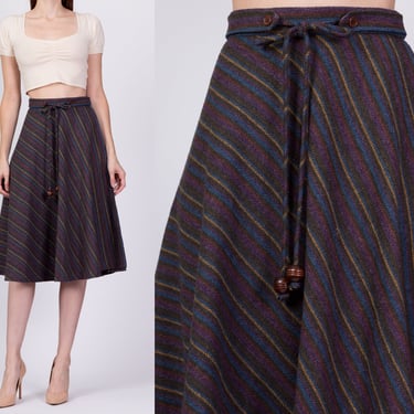 70s Herringbone Striped Tassel Skirt - Extra Small, 25" | Vintage Boho A Line High Waist Midi Skirt 
