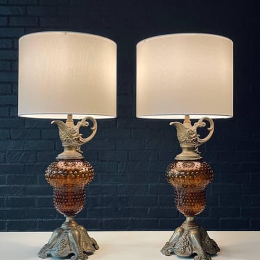 Pair of Hollywood Regency Lamps w/ Hobnail Amber Glass, c.1960’s 