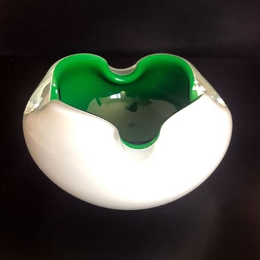 HEAVY Art Glass Bowl, Murano? Vintage Green & White Ashtray, Mid Century, High Quality Art Glass, Collectable 1960's, 1950's Italian style 