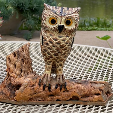 Vintage Folk Art Carved Cactus Wood Owl Signed Ledbetter Tucson Arizona 