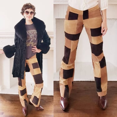 1990s Suede Pants Brown Beige Patchwork Leather / 90s Low Rise Boho Hippie Pants Misdemeanor / Small 