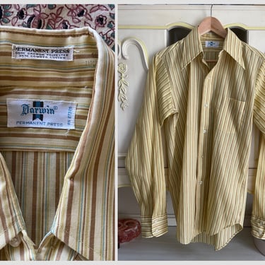 Vintage 1970’s Darwin dagger collar dress shirt | yellow striped button down shirt | 70s disco era wide collar shirt, men’s M/L tall 