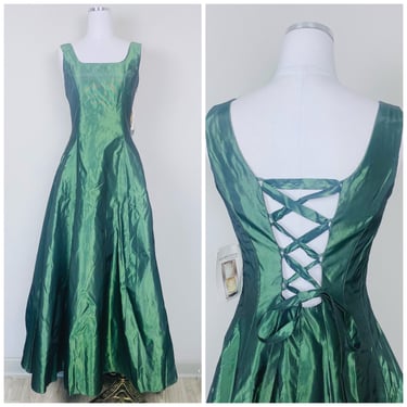 Y2K Jessica McClintock Millenium Forest Green Taffeta Gown / Vintage Lace Up Corset Back Goth Party / Prom Dress / Size Medium 