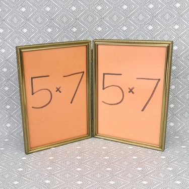 Vintage Hinged Double Picture Frame - Tabletop Gold Tone Metal w/ non-glare Glass - Holds Two 5