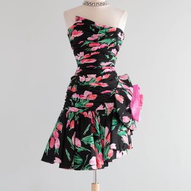 Fabulous 1980's Victor Costa Strapless Floral Party Dress / XS