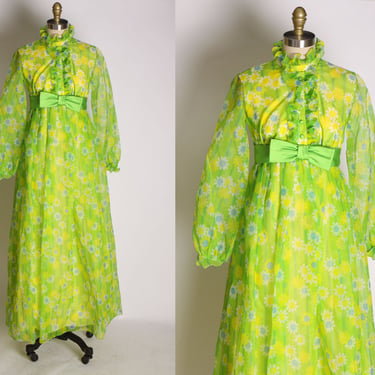 1960s Bright Green and Yellow Sheer Long Sleeve Full Length Empire Waist Floral Flower Print Cottagecore PrairieDress by Montgomery Ward -XS 