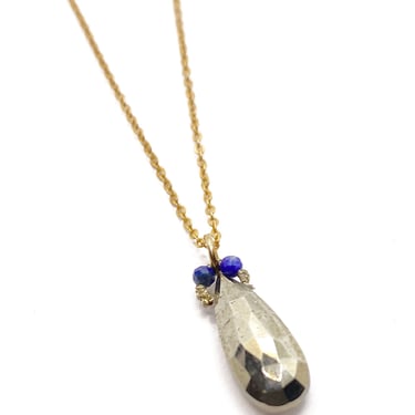 Danielle Welmond | Pyrite Marquis Drop With Gold Cord and Black Spinel on Gold Plated Chain