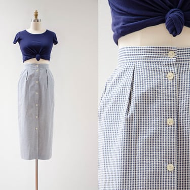 seersucker gingham skirt | 80s 90s vintage blue white plaid checkered longline pencil wiggle midi skirt 